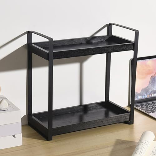 XQZMD Multifunktionales Holzregal, Standregal Holz Arbeitsplatte Küchenregal mit 2 Ebenen, Badregal ohne Bohren aus Holz, Metallstütze Badzimmer Aufbewahrung Regal für Kosmetik Organizer (Schwarz)