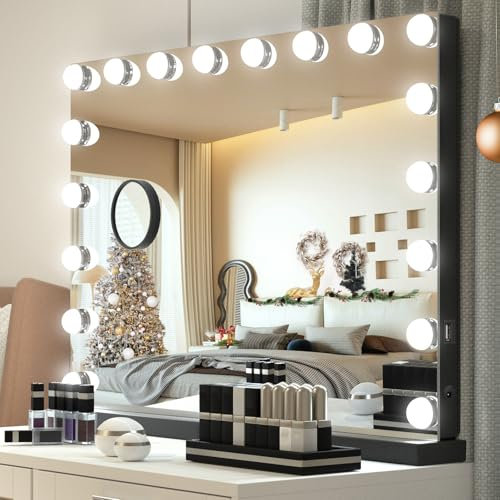 YU YUSING Hollywood Espejo Maquillaje con Luz 18 LED, 80 x 60 cm, 3 Modos Iluminación Regulables, Espejo Tocador, Espejos de Mesa, USB, Controles Táctiles, Vanity Mirror Tocador Dormitorio, Negro
