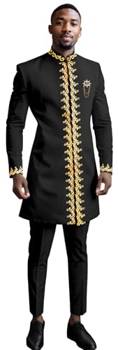 DBQ Men`s Suit Gold Embroidery Blazer and Pants Set Dashiki Jacket Traditional African Clothes with Chain