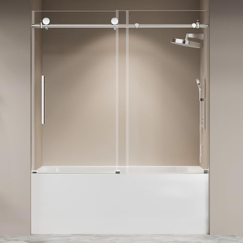 Frameless Tub Shower Door 56-60 W X 59 H,Shower Doors for Bathtub,Sliding Door with 5/16 (8mm) Clear Tempered Glass,Silent Soft-Close Design,Stainless Steel Hardware,Sturdy Bathroom Door,Silver