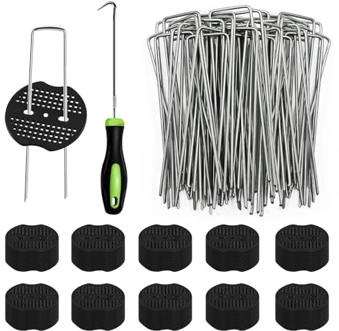 HuaMuDM Ogräsfleece krok, jordankare 100 st. + 100 st. brickor