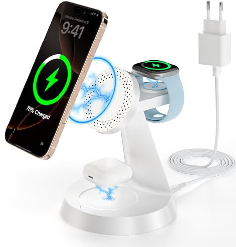 CKFN Chargeur Induction pour Mag-Safe Magnétique, 3 en 1 Chargeur sans Fil QI Station de Charge Wireless avec Adaptateur pour i Phone 16/15/14/13/12, i Watch 10/9/8/7/6, Air Pods 4/3/2/pro, Blanc