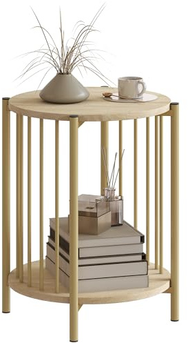HOMCOM Mesa Auxiliar Redonda de 2 Niveles Mesita Auxiliar Moderno con Estante de Almacenaje y Estructura de Acero para Salón Dormitorio Ø41x49 cm Natural