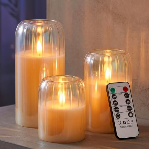 LKH Home Collection LED Candles - 3 Pack Flameless Flickering Battery LED, | 4 Timer Settings with Remote Control & Adjustable Brightness - Iridescent Glass Decorative Candles for Home & Weddings