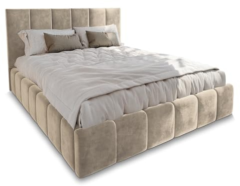 Masseno Polsterbett TARANTO 180x200 cm, Doppelbett, Bettkasten, Stauraum, Lattenrost Und Kopfteil - Creme, Monolith 04