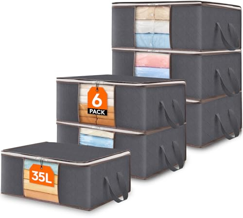Lifewit Cajas Almacenaje Ropa, Bolsa Almacenaje Ropa, Organizador Armario Plegable, Caja Bajo Cama para Guardar Mantas, Edredones, Gris, 36 L, 6 Piezas