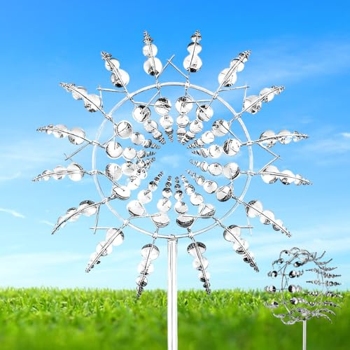 Mulino a Vento in Metallo, Girandola a Vento da Giardino Unico e Magico, 3D Scultura Cinetica Mulino a Vento per Giardino, Terrazza, Prato, Decorazione (Silver)