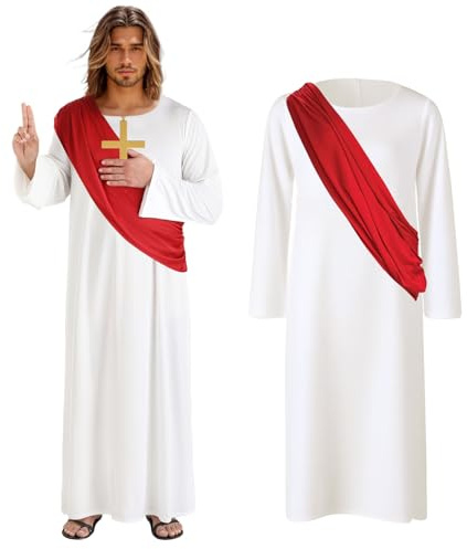 FainFun Costume Gesù, Vestito da Gesu Cristo, Vestiti Halloween Adulto Uomo, Abito Bianco, Prete, Parroco, Vescovo, Costume da Messia per Adulti per Natale, Pasqua, Feste e Cosplay