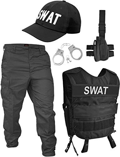 normani Faschingskostümset SWAT Set mit Weste, Rangerhose, Cap, Handschellen und Holster Schwarz XL/Links