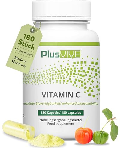 PlusVive Acerola Vitamin C Kapseln hochdosiert I 1x 180 Kapseln I 650 mg Acerola-Extrakt pro Kapsel I 25% natürliches Vitamin C I mit Papain, Spirulina & Quercetin I vegan & laborgeprüft