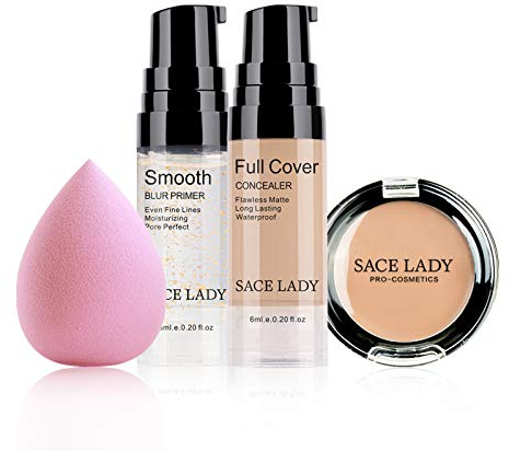 Waterproof Full Coverage Concealer With Primer Sponge Set, Smooth Matte Flawless Creamy Liquid Foundation Corrector Makeup Kit for Face Eye Dark Circles Spot Acne Scar Cover (0.2Fl, Natural)