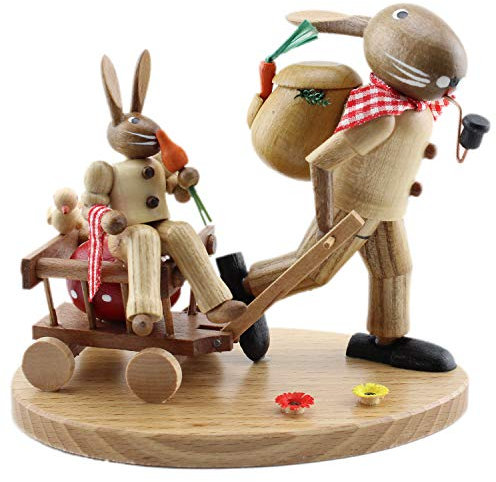 Hasenfamilie mit Handwagen 14 x 13 cm Osterfiguren Erzgebirge Osterdekoration Osterhase mit Kind Hasengruppe