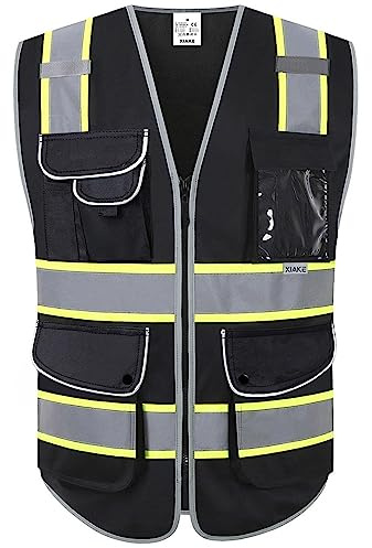 XIAKE Sicherheitsweste mit 9 Taschen, Klasse 2, hohe Sichtbarkeit, reflektierende Sicherheitsweste für Herren und Damen, entspricht ANSI/ISEA-Standard, Schwarz-gelber Rand, 4X-Large