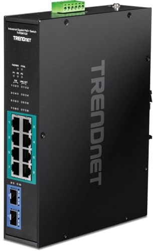 TRENDnet TI-PGM102 Switch Gigabit PoE+ Industriale 10 porte, Intervallo di temperature estreme -20° - 65°C (-4° - 149°F), Guida DIN, 50-55 V DC, 8 porte Gigabit PoE+, 2 x SFP Gigabit slot