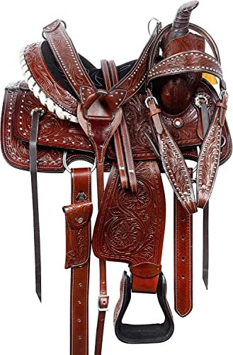 SHOWMEN CRAFT Barrel Racer Show Trail Riding Tooled Leather Western Saddle Tack Horse and Pony Size10 Inches Seat