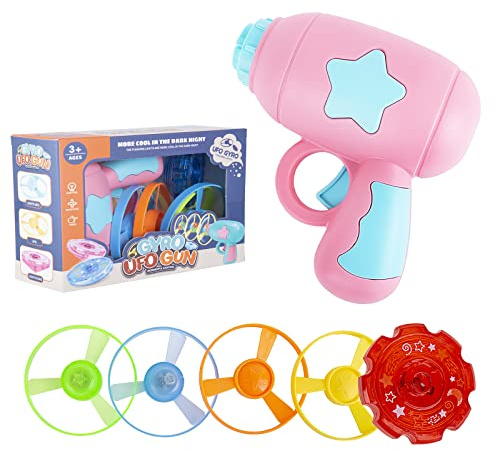 Berry President Flying Saucer Toy, Flying Disc Launch Playset with Rotating Flash Light, Indoor Outdoor Twist Shoot Toy for Kids Aged 3 Years Old & Up (Pink)