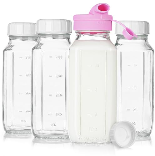 Sovietiep 4 Pack 16 Oz Square Glass Milk Bottle with A Silicone Dispenser Cap, Glass Juice Bottles with Airtight Screw Lid, Reusable Drinking Bottles with Capacity Marks, Breastmilk Storage Container