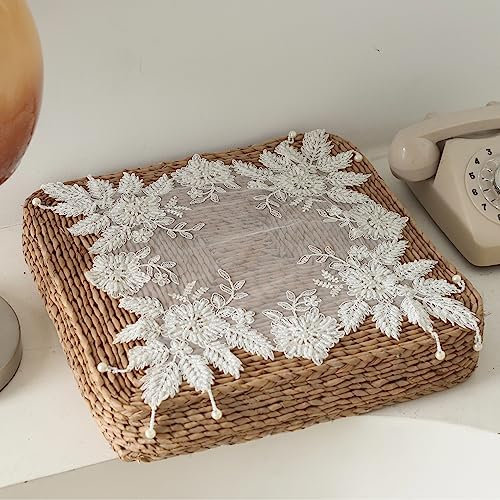 Gratify Lace Doilies with Handmade Beaded Embroidery Lace Table Placemats Table Topper Scarf for home, table, Flower Pot Decoration (40 x 40cm, White)
