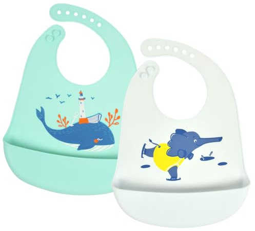 Vicloon Silicone Baby Bib, 2PCS Baby Weaning Bibs, Adjustable Waterproof Baby Feeding Bibs with Food Catcher Pocket, Unisex Soft and Easily Wipe Clean for Infant Toddler, Elephant & Whale