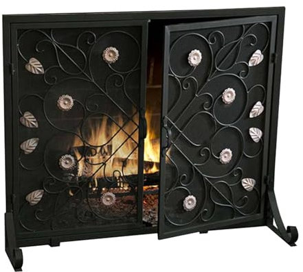 MOKLYF Pare-feu Noir avec Portes Doubles, Motif Floral et charnières Flexibles, Pare-étincelles en Fer forgé, Grille de feu décorative pour Salon, Noir(