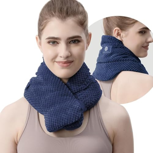 UNCN Coussin chauffant pour le cou au micro-ondes avec housse lavable, large lesté, soulagement de la douleur, sac chauffant pour thérapie par le blé (bleu)