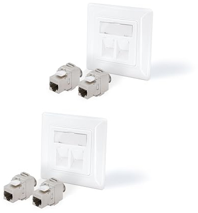 BIGtec 2 enchufes de red Keystone de 2 puertos empotrados + 4 módulos Keystone Jack RJ45 hembra LAN, sin herramientas, apantallado, adecuado para cables de red CAT7 CAT6a