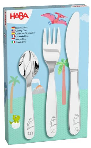 HABA Besteck Dinosaurier - Kinderbesteck aus Edelstahl mit Dino-Motiv – Set aus Gabel, Messer und Löffel – spülmaschinengeeignet – Ab 12 Monaten – 2012819005