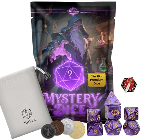 DND Mystery Dice Set – 7 Random Polyhedral RPG Dice, 4 Metal Coins, Enamel Pin & Velvet Bag – 1 in 10 Chance to Get Premium Dice – Gift for TTRPG Player, DM & Dice Goblin (Standard Edition)