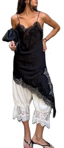 Alaurbeauty Top da donna in raso con bordo in pizzo, spalline spaghetti high-low in seta, spacco laterale, cami top asimmetrico, strati fluidi e setosi, Nero , XL