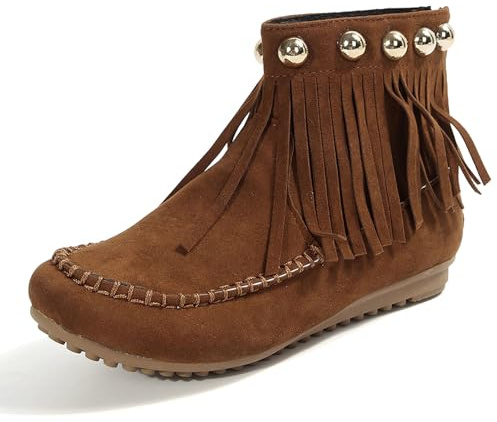 Generisch Bottines de cowboy à franges pour femme - En daim - Style vintage - Avec fermeture éclair - Couleur unie - Pour femme, O Marron., 42 EU