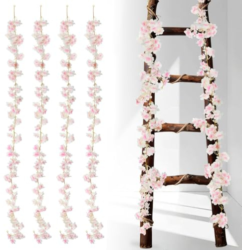Shimilili 4 Piezas Guirnalda Flores Artificiales, Rosa Cerezo Decoración, 180cm Rastrero Falso Primavera Interior Pared Escalera Salón Boda