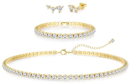 Diamday Gold Jewellery Set for Women, Tennis Necklace Bracelet Earrings Set