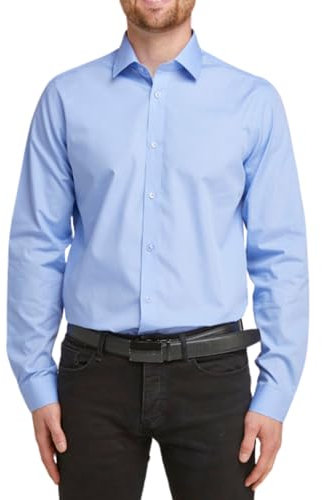 Double TWO Men's Long Sleeve Plain Formal Shirt Non Iron Classic Fit Business Dress Shirt - Fresh Blue, 16in Collar