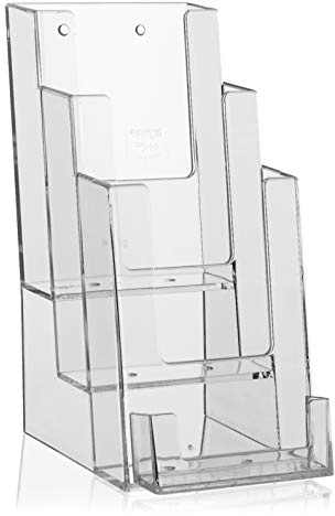 Aufsteller für Flyer im Format DIN Lang (DL) 1/3 A6 Hochformat mit 3 Etagen und extra Visitenkartenhalter