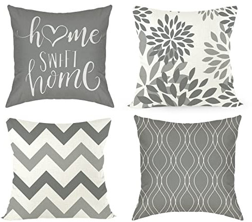 Joyshare Kissenbezug 45x45 4er Set,Dekorative Sofakissen Kissenbezüge Leinen,Home Sweet Home Grau Kissenhülle mit Verstecktem Reissverschluss,45×45cm Grau