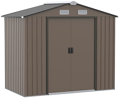 Outsunny 7 x 4ft Metal Garden Shed, Outdoor Storage Tool House with Ventilation Slots, Foundation Kit and Lockable Double Doors, Brown