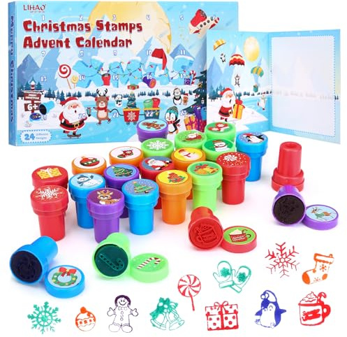 LIHAO Calendario dell'Avvento 2025, Calendario Avvento per Bambini 24pz Timbri di Natale per Fai Da Te Regalo Natale Bambini