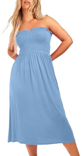 NetSetUK Women's Strapless Sheering Boob Tube Gather Oversized Plus Size Elasticated Bust Bandeau Plain Beach Summer Sleeveless Top Midi Dress for Ladies 8-22