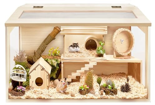 PROLEE Hamster Cage with Chewproof Wood Top, Guinea Pig Cages, Hamster Habitat with Clear Acrylic Sheets Solid Built, Small Animal Cage (Oak, 24X15.5X15.5 inch)