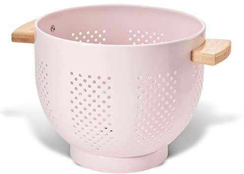beifeier Metal Colander with Wooden Handle and Sturdy Base, 5.5 Quart Large Strainer for Draining Pasta Vegetable Fruit, Durable Kitchen Essentials (Pink)