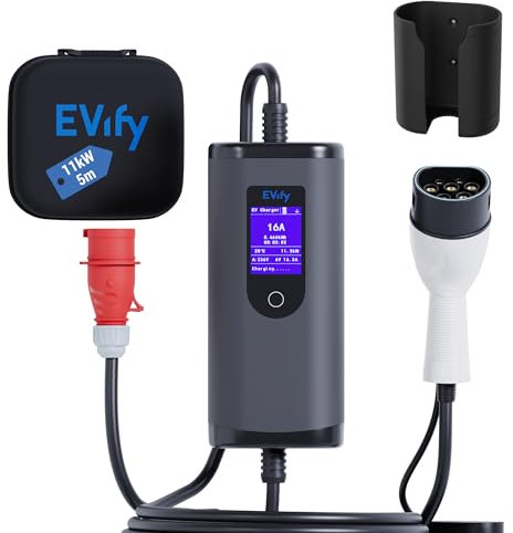 EVify Mobile Wallbox 11kW Ladegerät Typ 2 - Ladekabel CEE 16a auf Typ 2 3-Phasig 5M, Ladegerät Ladeleistung einstellbar, Mobile Ladestation, Ladekabel E Auto Starkstrom, EV Charger 11kW mit Tasche
