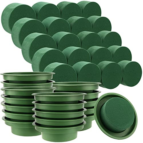 JEUIHAU Juego de 20 cuencos y bandejas de espuma floral, bloque de espuma redondo de 12 cm con recipiente para arreglos florales, bodas, suministros de manualidades