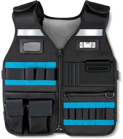 AGONEIR Gilet de travail pour homme, noir, organisation d'outils avec rangement, design respirant pour électriciens professionnels, bricoleurs et ouvriers du bâtiment