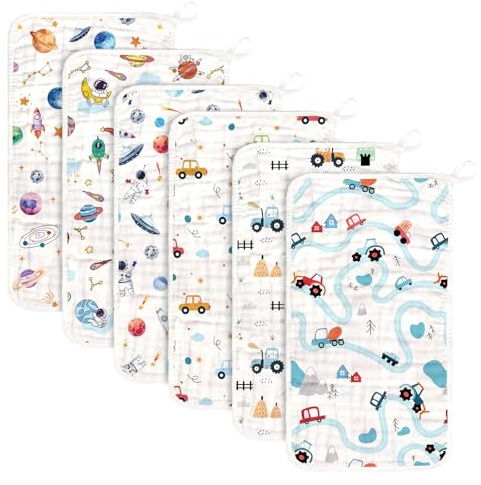 decalsweet 6 Pezzi Mussole Neonato Cotone in 100% 50x30cm, Mussole Neonato Super Morbidi e Assorbenti, Panni Burp in Mussola per Ragazzi e Ragazze, Regalo per il Neonato(Auto Astronauti)