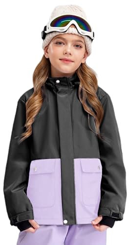 HULIJA Kinder Mädchen Skijacke Fleece Wasserdichte Snowboardjacke Winddichte Regenjacke mit Kapuze Winterjacke Outdoor Training Schwarz 122-128