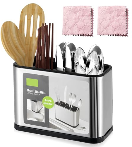 WIYETY Porte-couverts 4 compartiments pour la cuisine : récipient à ustensiles de cuisine avec 2 chiffons de nettoyage, porte-ustensiles de cuisine en acier inoxydable, organisateur de couverts pour