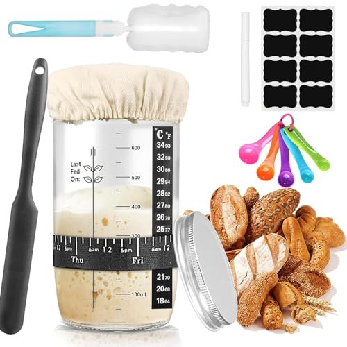 Behiruch 730 ML Kit de Démarrage au Levain, Kit Levain, Panier de Fermentation pour Pain, avec couvercle en aluminium, bande de température, toile de fermentation, bande d'alimentation datée