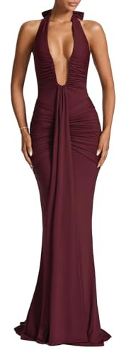 ABYOVRT Women Deep V Neck Ruched Maxi Dress Sleeveless Halter Gown Cocktail Evening Formal Dresses (Wine Red,S)