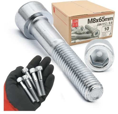 10 viti a testa cilindrica M8 x 65 mm, DIN 912, filettatura completa in acciaio zincato
