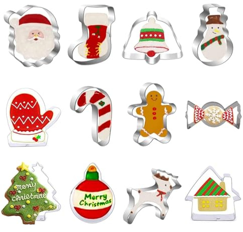 FINEVERNEK 12 Pcs Emporte Pièces Noël, Emporte Pièces Patisserie Noël, Emporte Pièces Biscuit Noël,Moule à Biscuits de Noël, Emporte-pièces en acier inoxydable pour Décoration de Gâteau Fondant Cookie